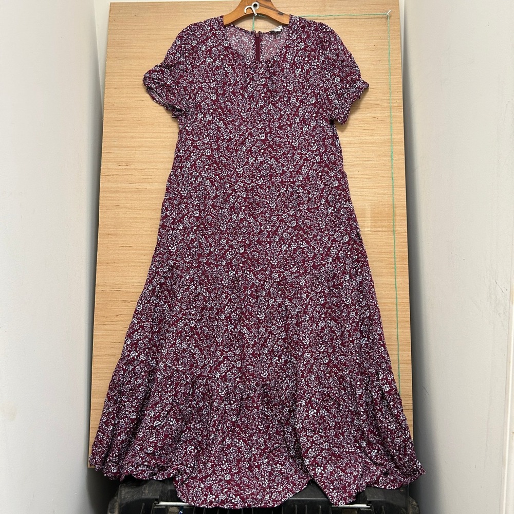 J.Crew Womens Large Burgundy Floral Tiered Midi Dress with Pockets Short Sleeve